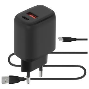 Mobiparts Wall Charger Dual USB-C/USB-A with Micro USB Cable Black