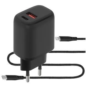 Mobiparts Wall Charger Dual USB-C/USB-A with Lightning Cable Black