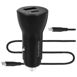 Mobiparts Car Charger Dual USB-C/USB-A with Lightning Cable Black