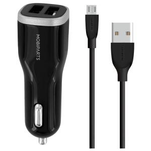 Mobiparts Car Charger Dual USB 12W/2.4A + Micro USB Cable Black