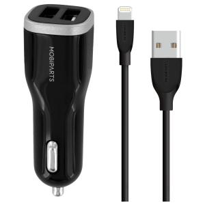 Mobiparts Car Charger Dual USB 12W/2.4A + Lightning Cable Black